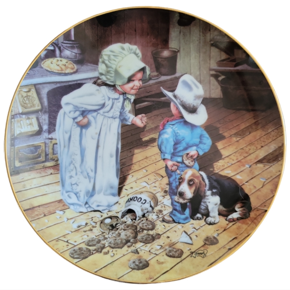Vtg 86 In Trouble Again Western Art Don Cook Boy Girl Bassett Pioneer Plate